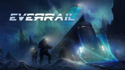 Key art video game image showing a futuristic and enormous science fiction train in the foreground. On the left, two soldiers with rifles in their hands scouting the frozen wasteland.